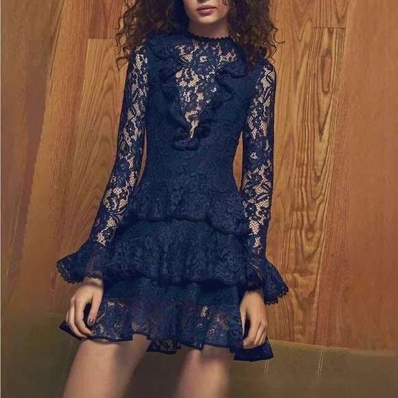 Alexis | Dresses | Alexis Tracie Longsleeve Tiered Ruffled Lace Mini Dress  Navy Xs | Poshmark
